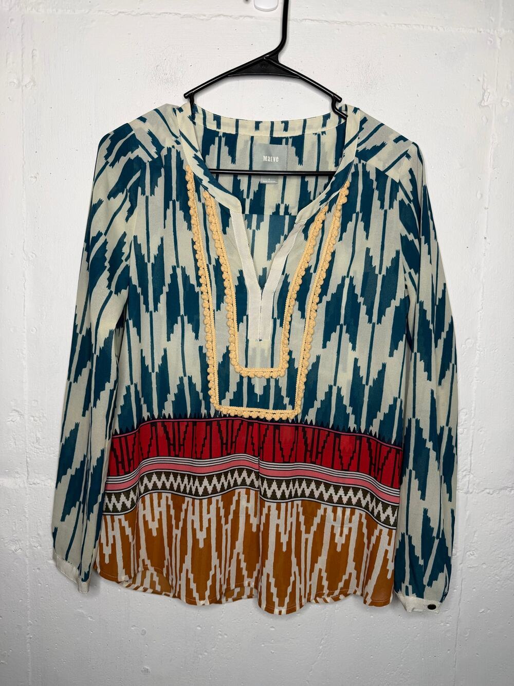 Maeve Anthropologie Women's Size 2 Long Sleeve V-Neck Ikat Aztec Print Blouse - Picture 1 of 6